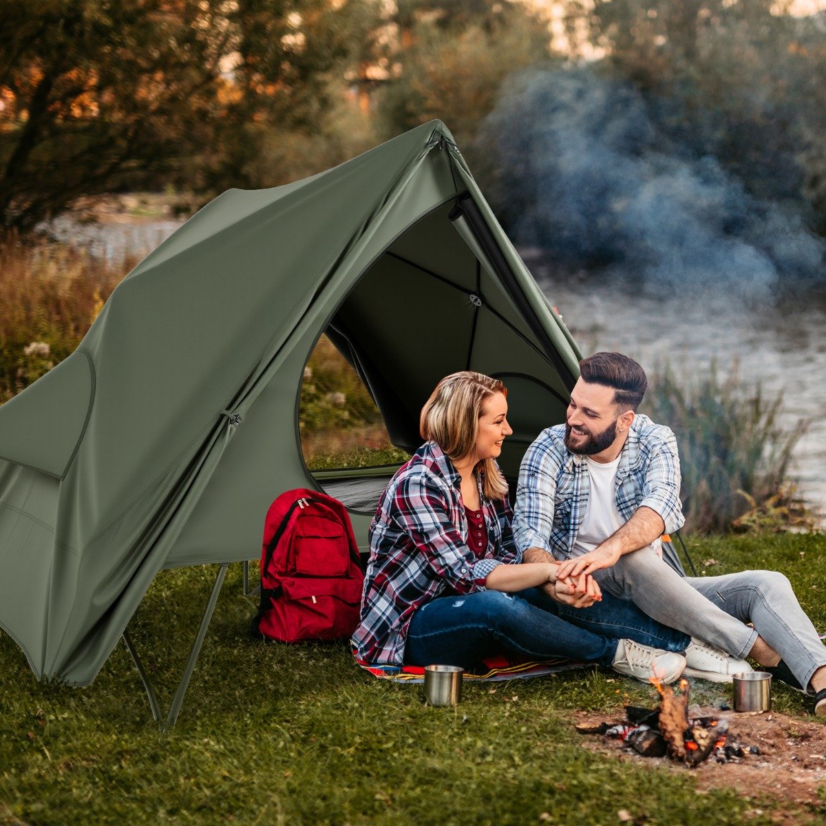 Feldbett mit Zelt für 2 Personen Campingbett mit Regenschutz & 2 Netztüren & Fenster & Rolltasche