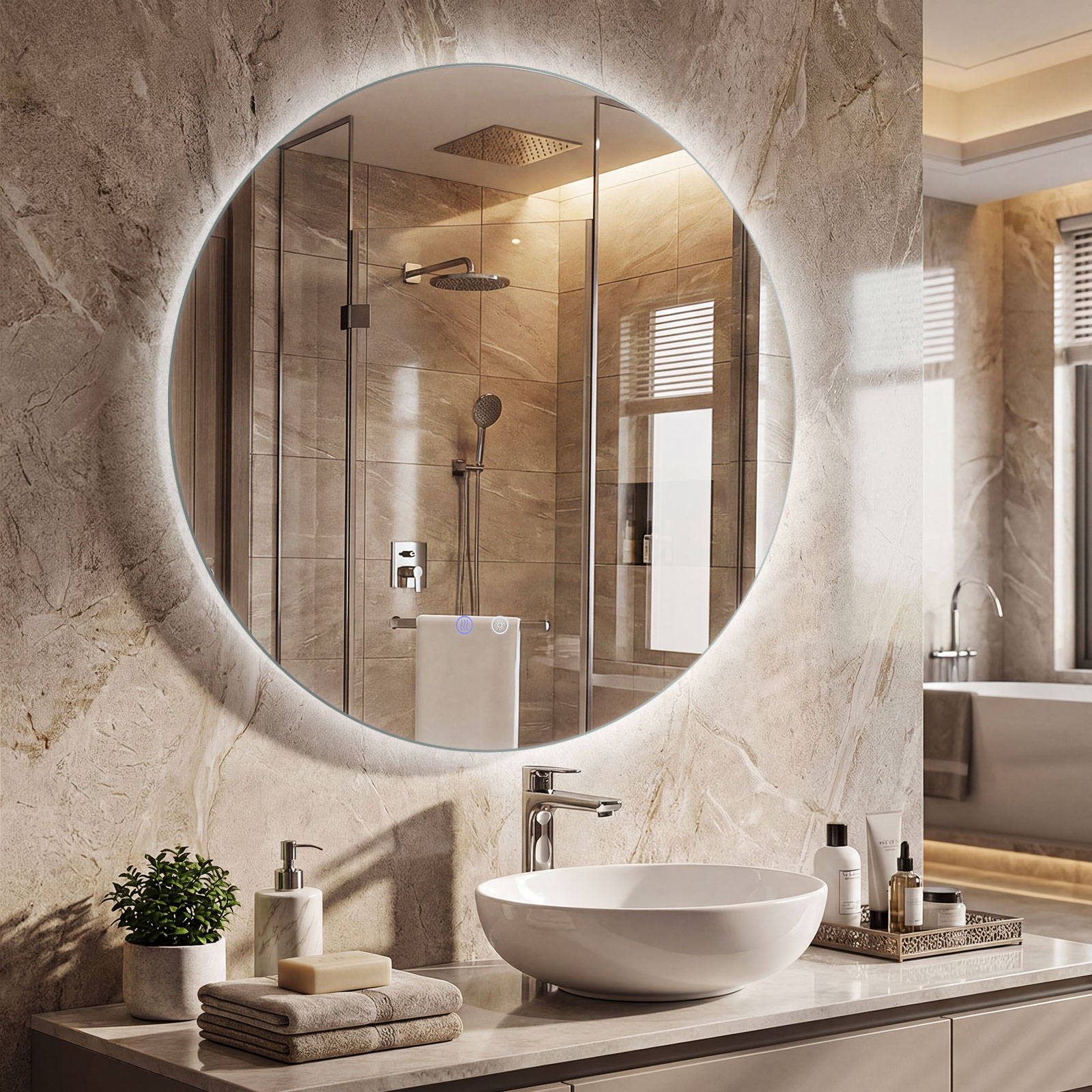 Ø70 cm Runder Spiegel mit Beleuchtung & Speicherfunktion Badspiegel mit Beschlagfrei-Design