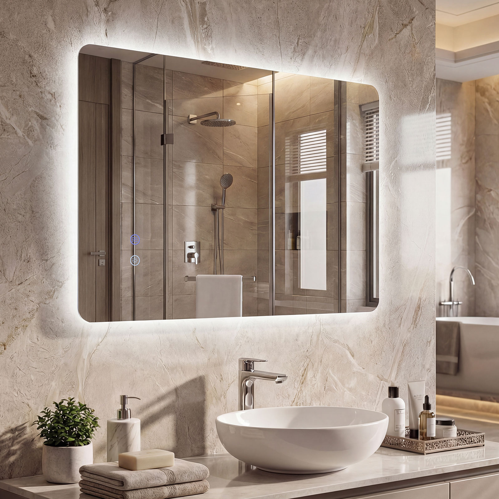 70 x 50 cm Rechteckiger LED-beleuchteter Spiegel Wandmontierter Badezimmerspiegel