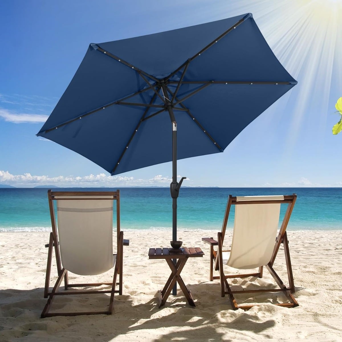 230 cm Sonnenschirm mit LED Solar Beleuchtung & Kurbel Gartenschirm Marktschirm Marineblau