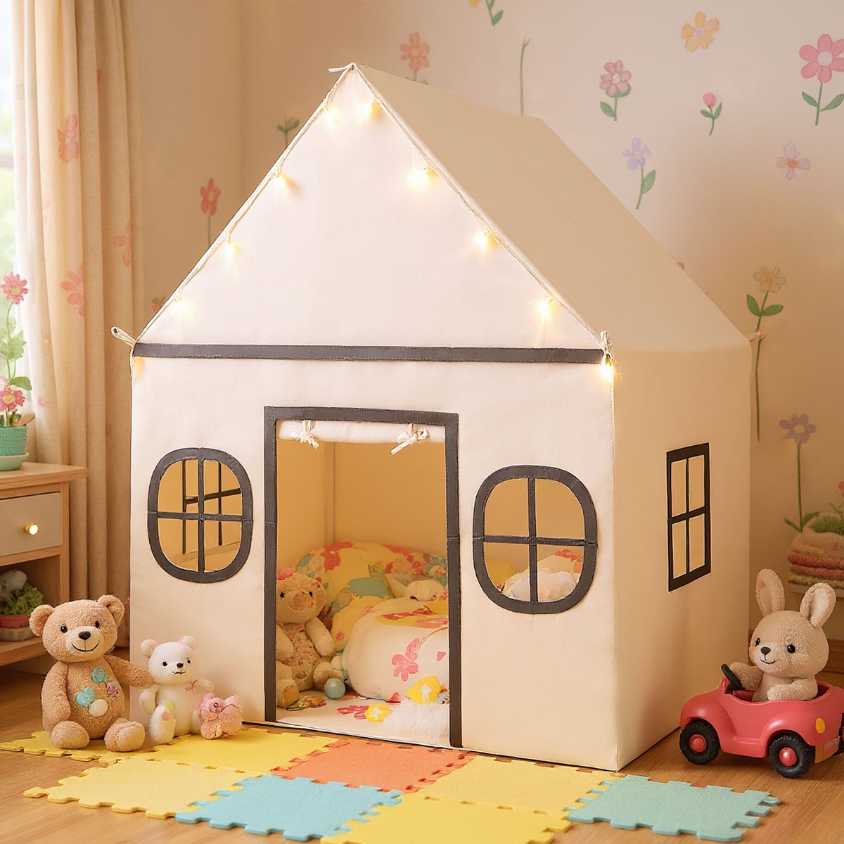 Spielhaus Kinder Indoor Kinderzelt mit Sternlichter & Gepolsterte Matte Beige + Schwarz