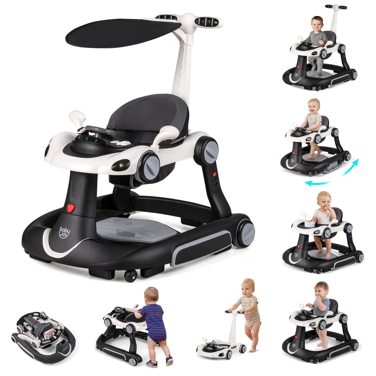 7 in 1 Lauflernhilfe mit Verdeck & Einstellbarer Höhe & Geschwindigkeit Klappbare Lauflerwagen Schwarz