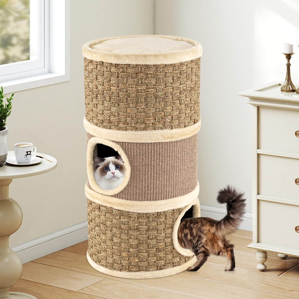 Ø 36 cm Kratztonne mit Seegras-Seil & Sisal-Kratzbrett & 3 Höhlen Katzentonne Kratzbaum