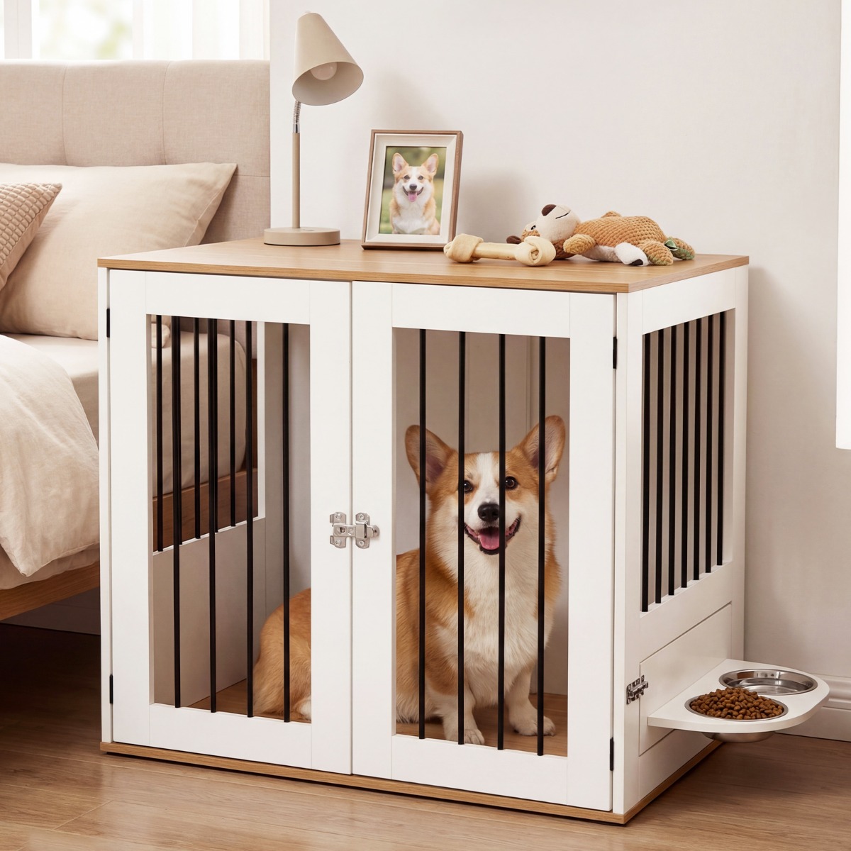 Hundebox mit 360° Drehbaren Futternäpfen & Abschließbarer Tür Hundekäfig Beistelltisch Weiß