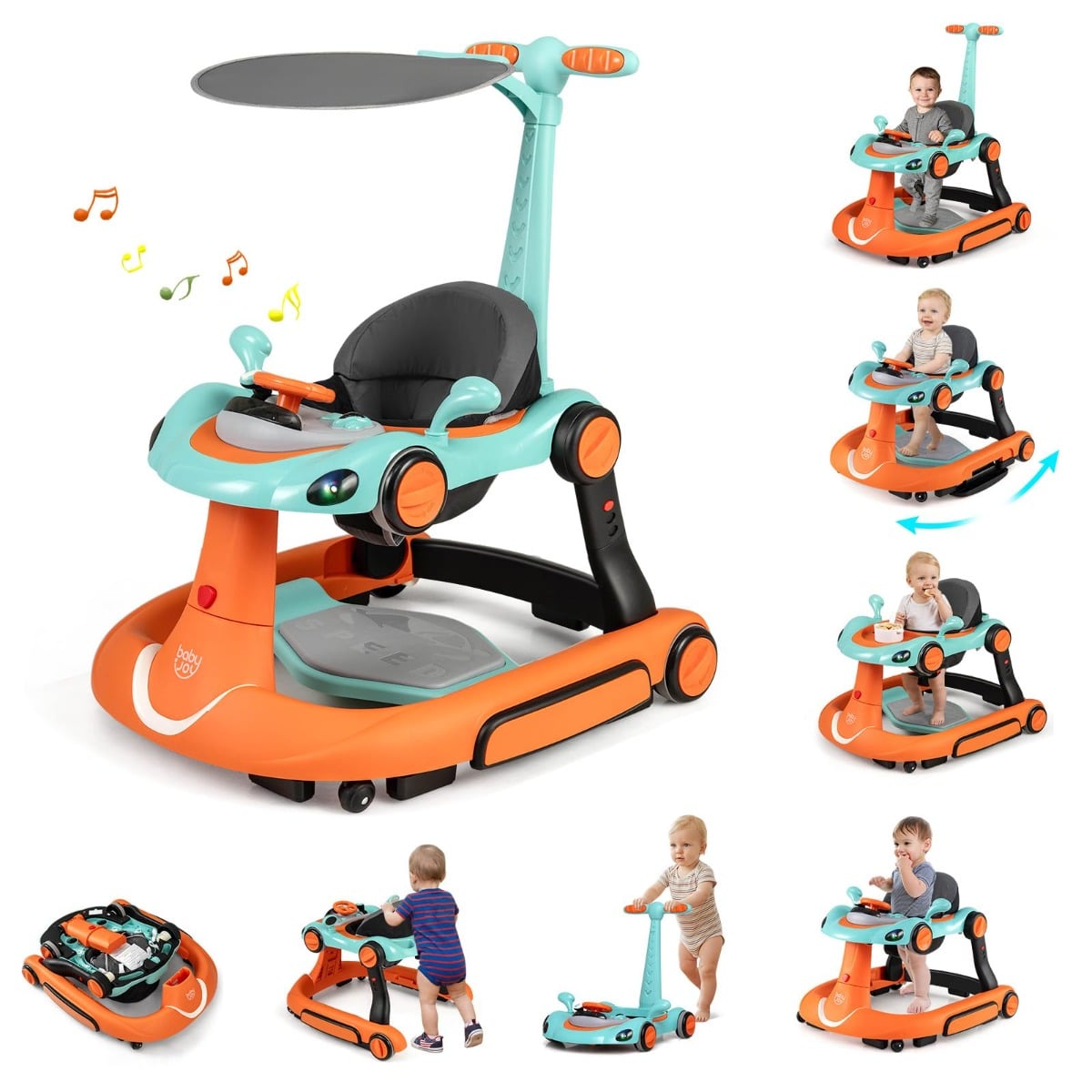 7 in 1 Lauflernhilfe mit Verdeck & Einstellbarer Höhe & Geschwindigkeit Klappbare Lauflerwagen Orange