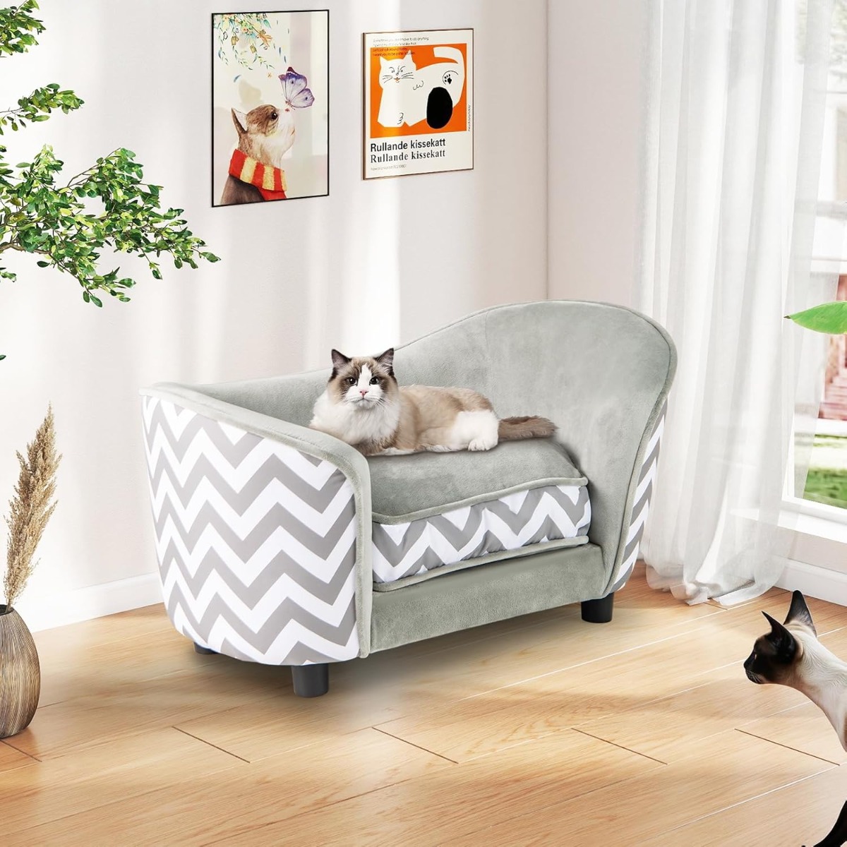 Katzenbett mit Weichem Gepolstertem Kissen & Waschbarem Bezug Hundesofa Katzensofa Grau