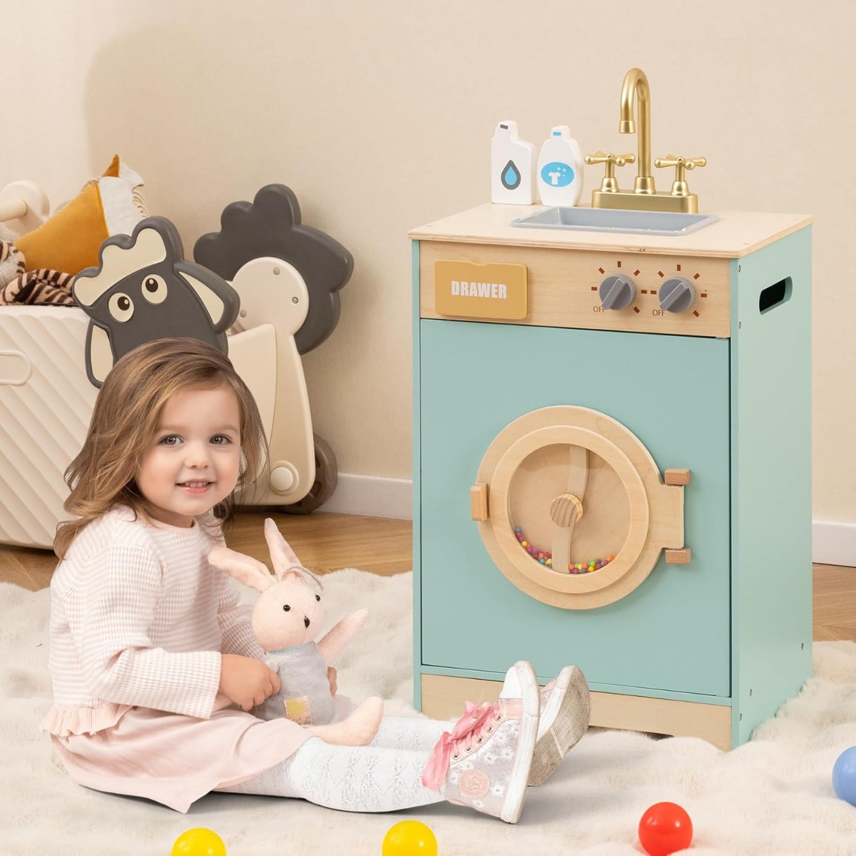 Kinder Waschmaschine mit Waschmittel Holz Spielzeug-Waschmaschine Wäscherei-Küchenset mit Spüle