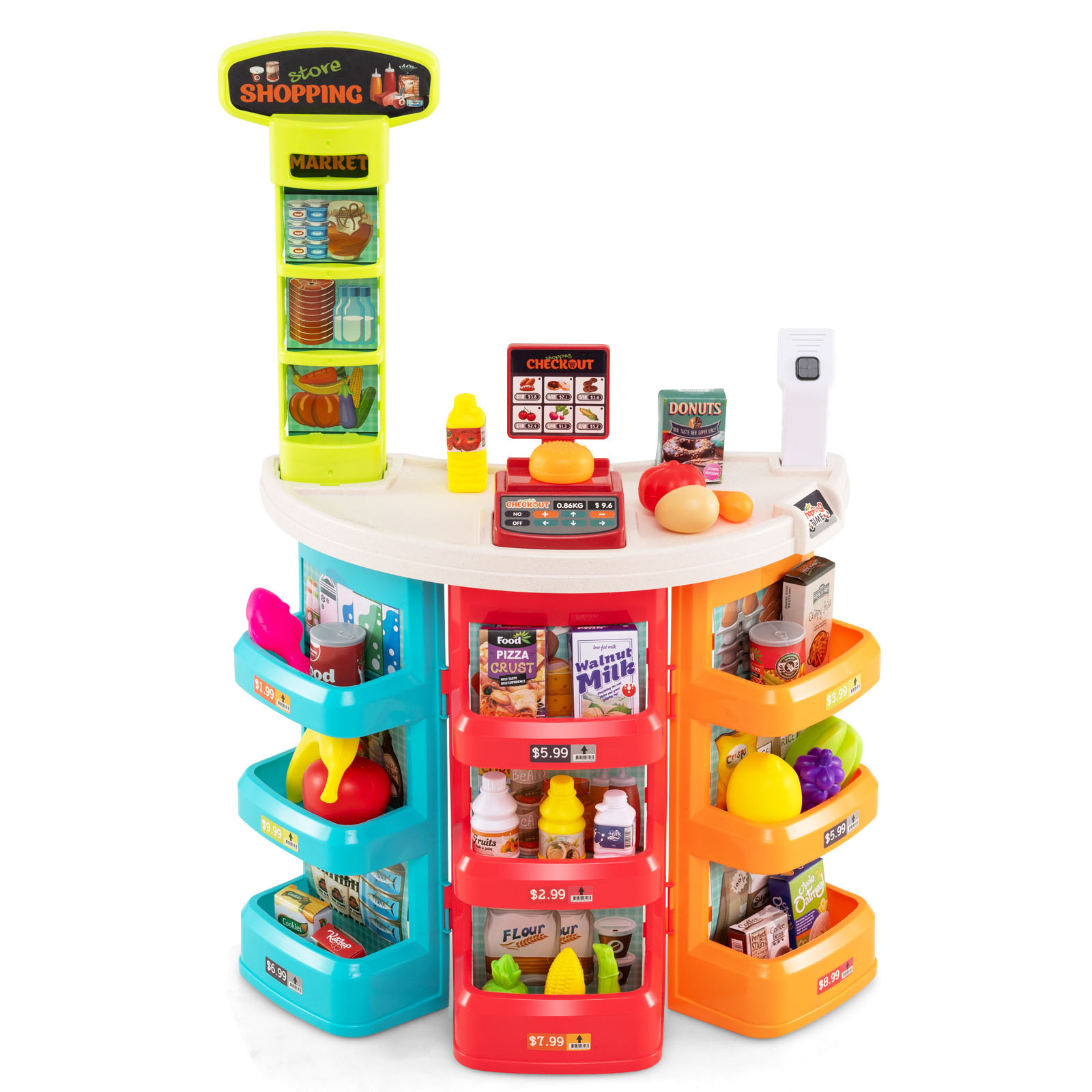 76-teiliges Supermarkt mit Einkaufswagen Kaufladen mit Waage & Scanner Kaufmannsladen Blau