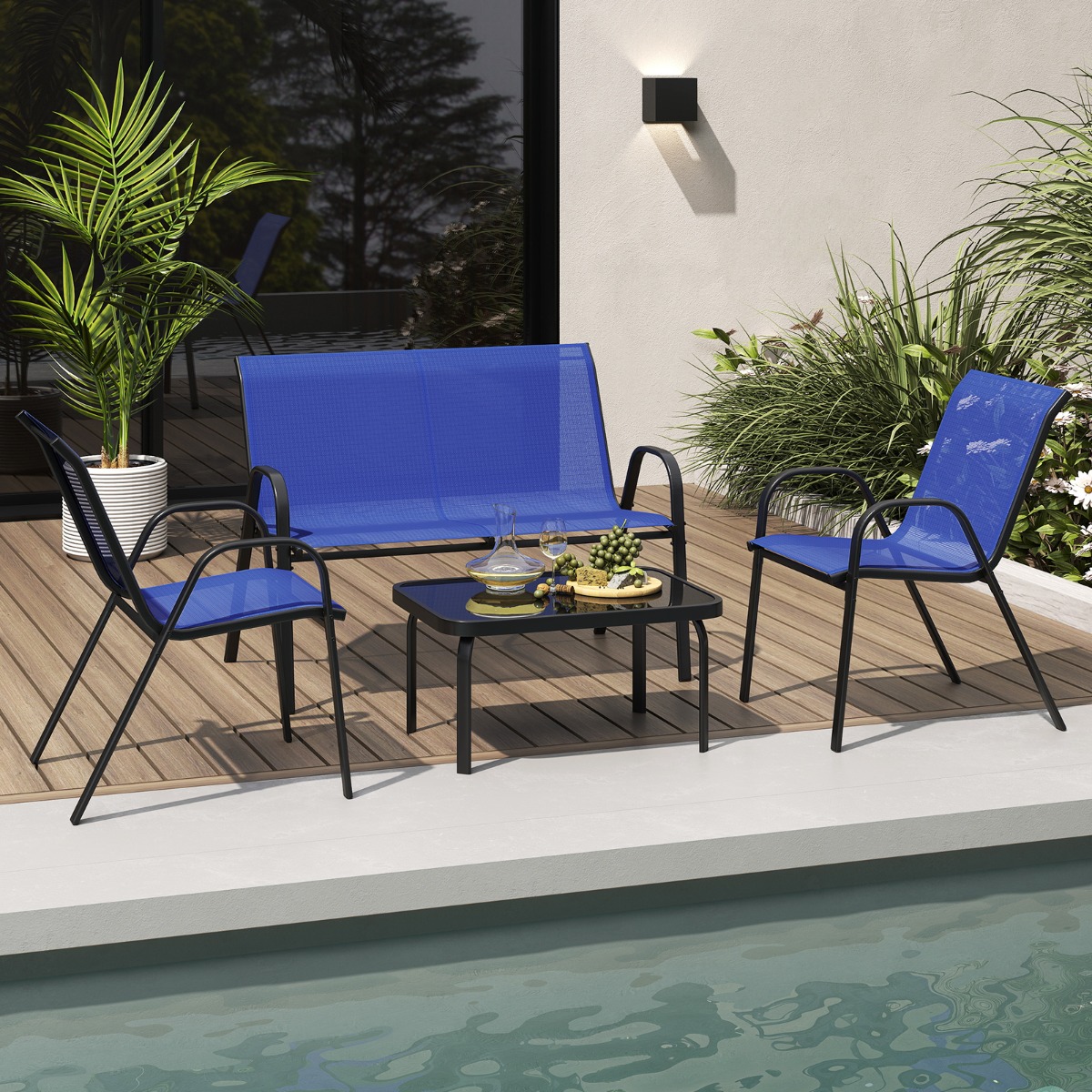 4-teiliges Patio Metallstuhl-Set Modernes Stuhlund Tisch-Set mit Stoffbezug Tischplatte aus gehärtetem Glas Blau