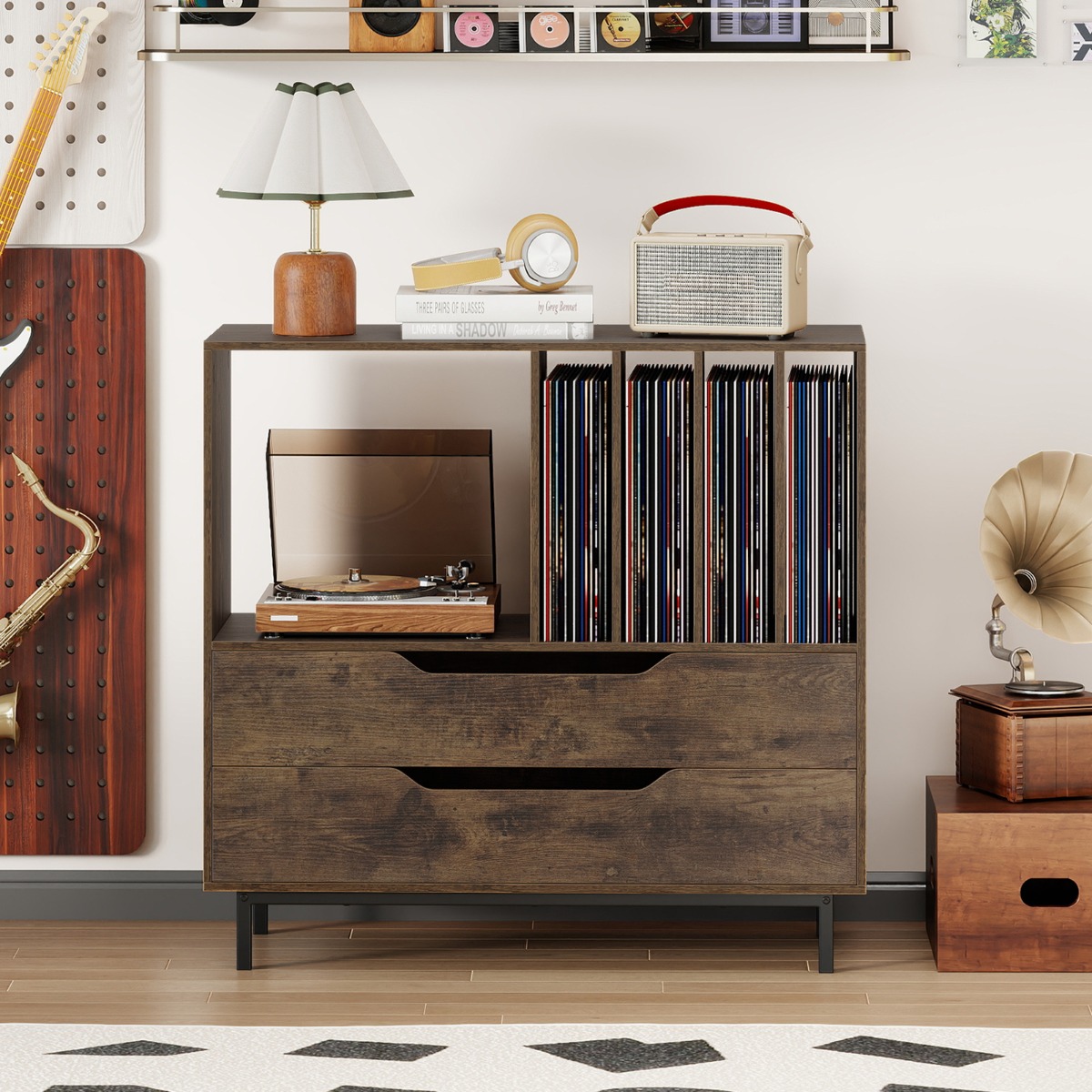 Plattenspieler-Ständer mit 4 Vinyl-Fächern & 2 Schubladen Retro Vinyl Halterung Rustikal Braun