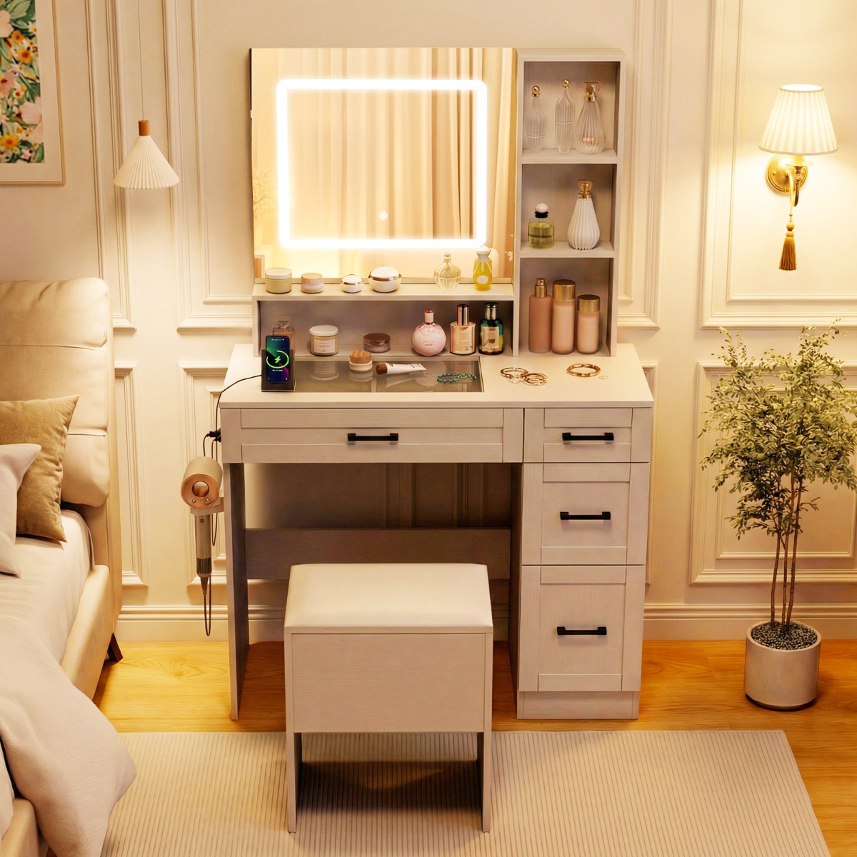 Schminktisch mit Spiegel & Beleuchtung Make-up Tisch Set mit Sitzhocker Steckdosen Weiß