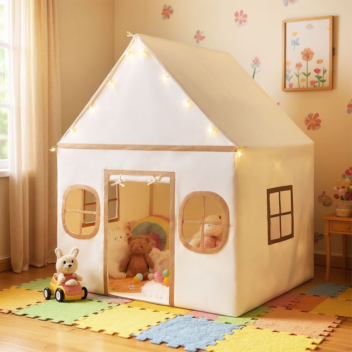 Spielhaus Kinder Indoor Kinderzelt mit Sternlichter & Gepolsterte Matte Beige + Braun