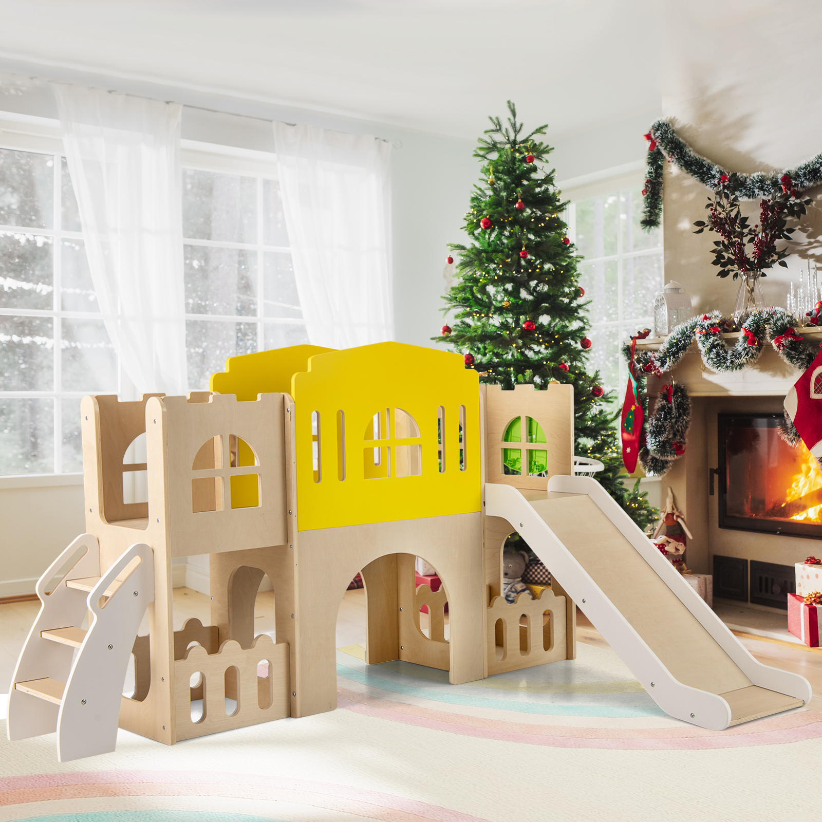 7-in-1 Kleinkind-Rutsche mit Kletterleiter Basketballkorb Tunnel & Stauraum Kinder Rutsche Bunt