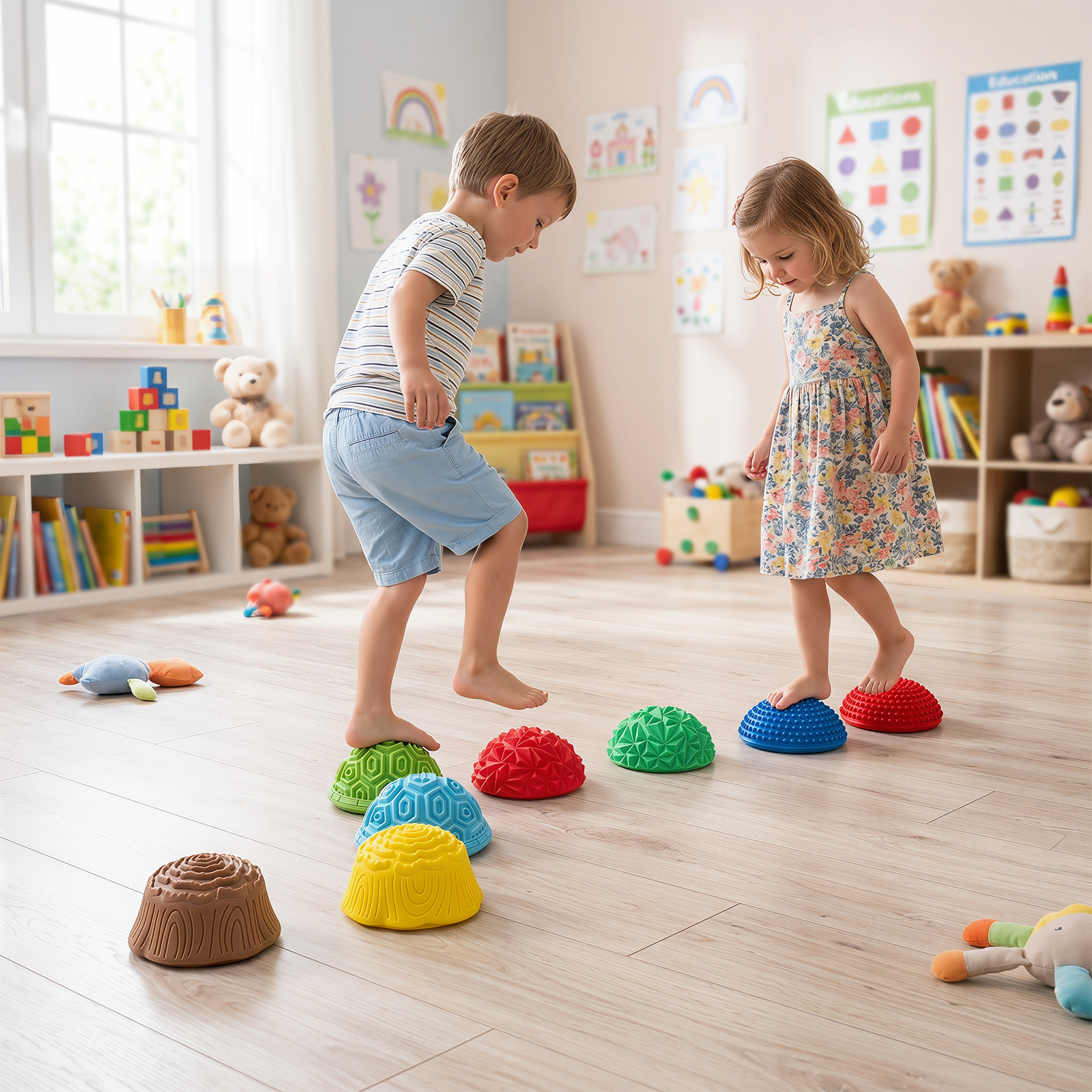 8 Stück Balanciersteine Halbrund Yoga-Bälle aus PVC mit Rutschfester Oberfläche für Kinder ab 3 Jahren Bunt