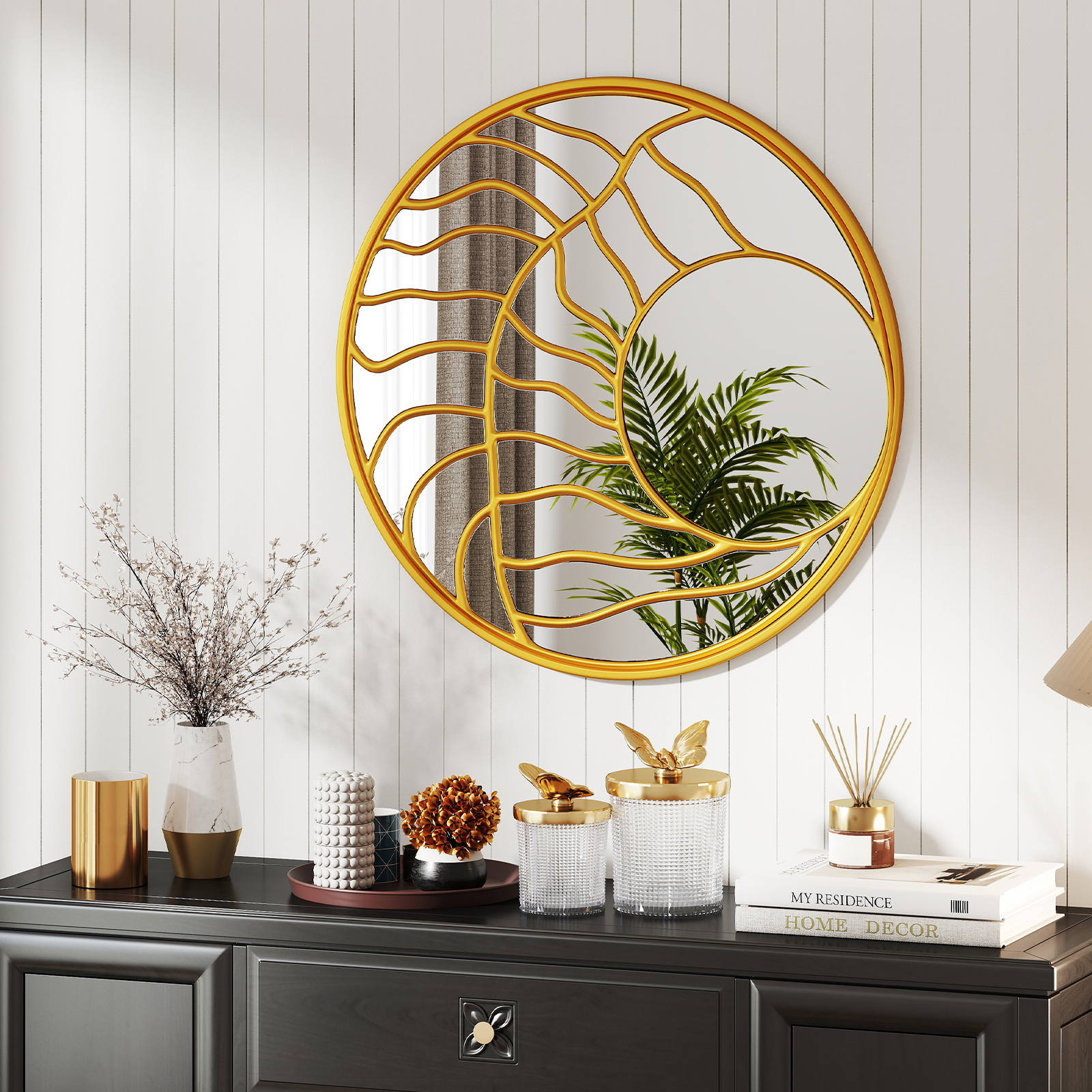 φ80cm Spiegel dekorativ Wandspiegel mit goldenem Rahmmen asymmetrischer Spiegel groß Wanddeko rund für Wohnzimmer