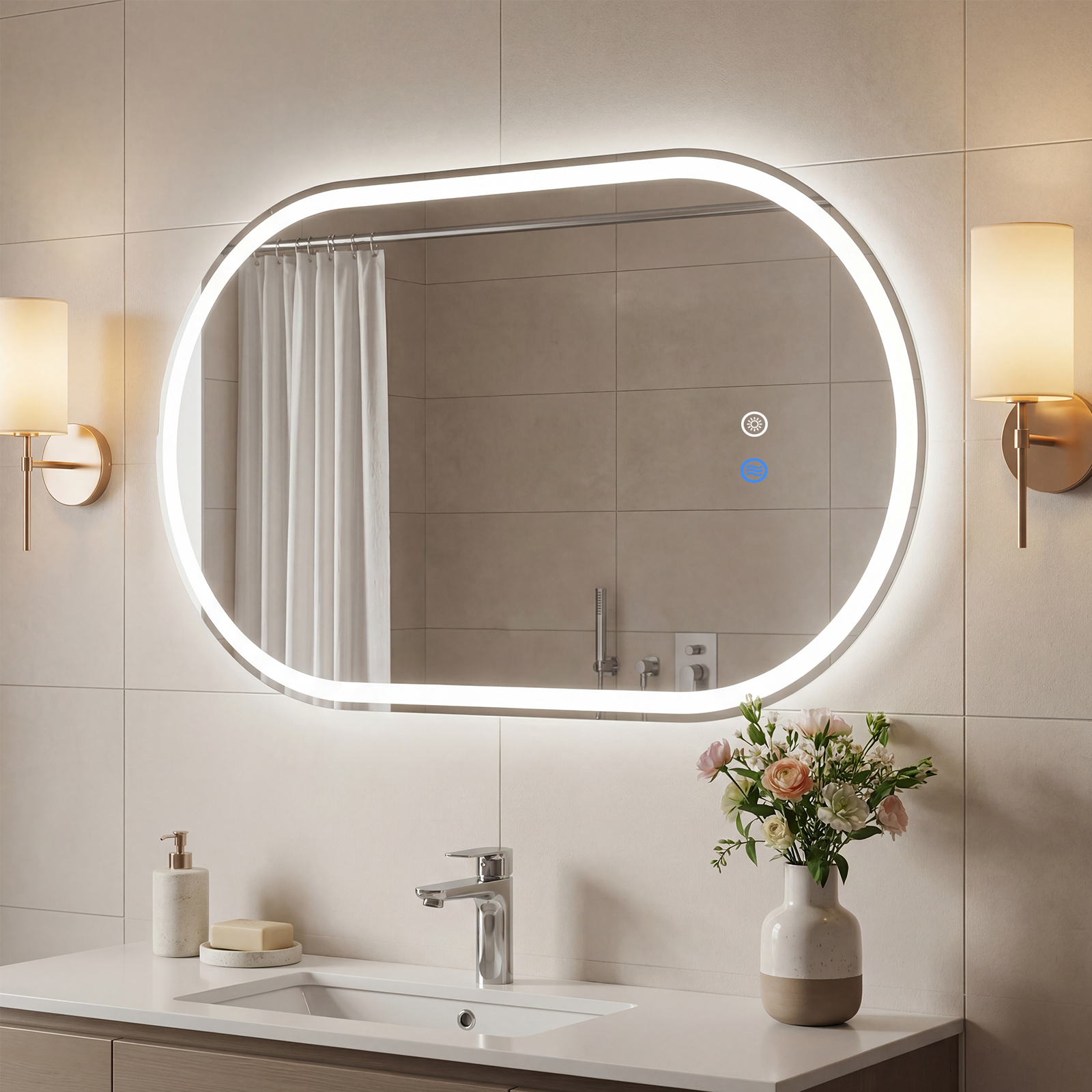 80 x 50 cm beleuchteter Badezimmerspiegel für die Wand hinterleuchteter bruchsicherer Spiegel Silber