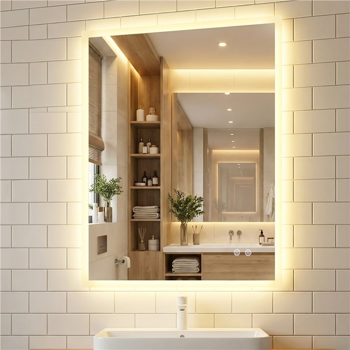 80 x 60 cm LED Badezimmerspiegel rechteckiger Wandspiegel mit Anti-Beschlag Memory-Funktion Silber