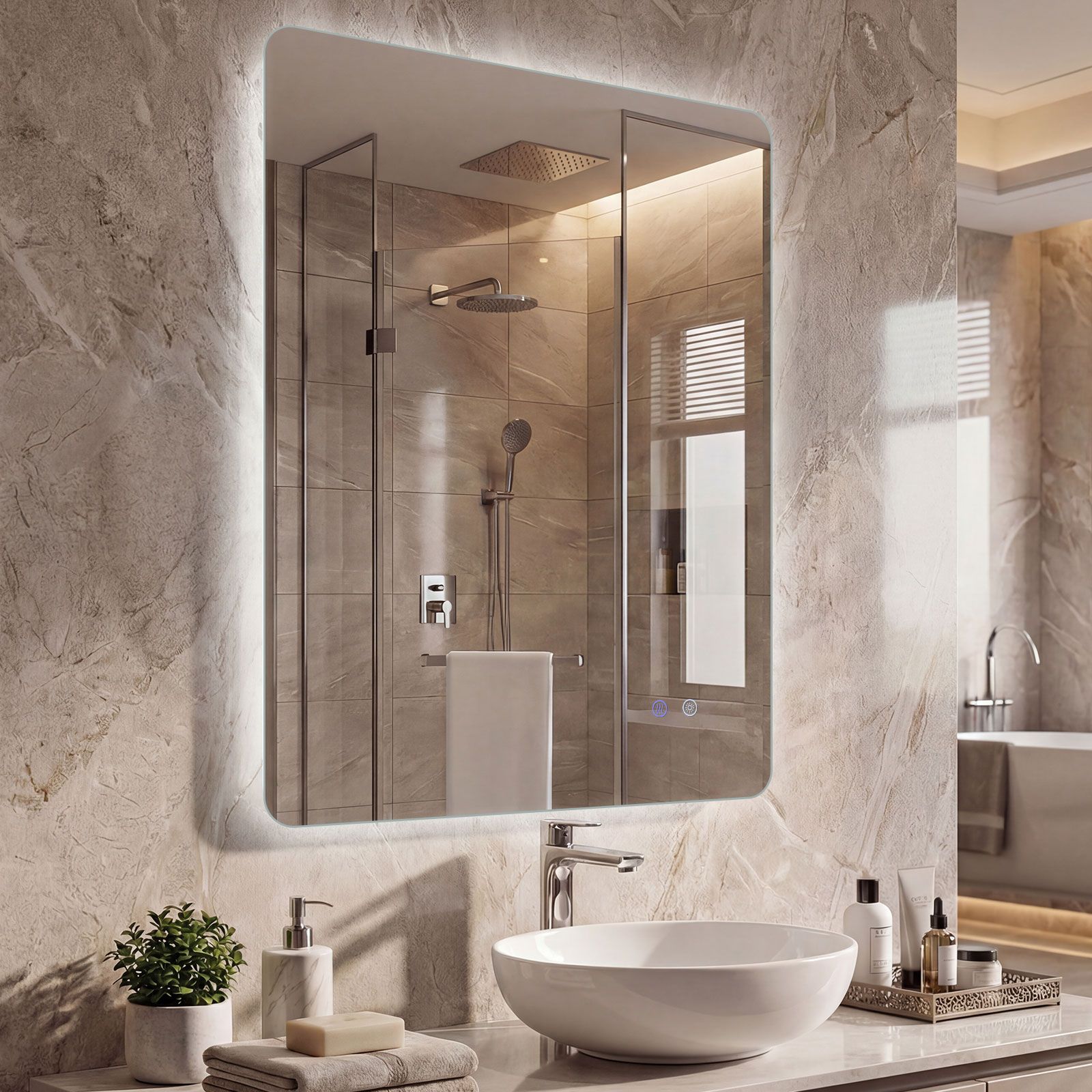 80 x 60 cm Rechteckiger LED-beleuchteter Spiegel Wandmontierter Badezimmerspiegel