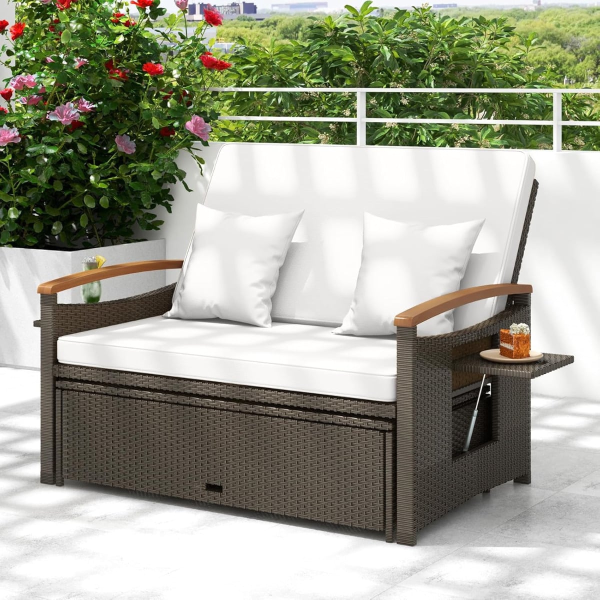 3 in 1 Rattan Lounge Möbel Set Doppelliege Tagesbett mit Liegefunktion 2 Sitzer & Hocker Weiß