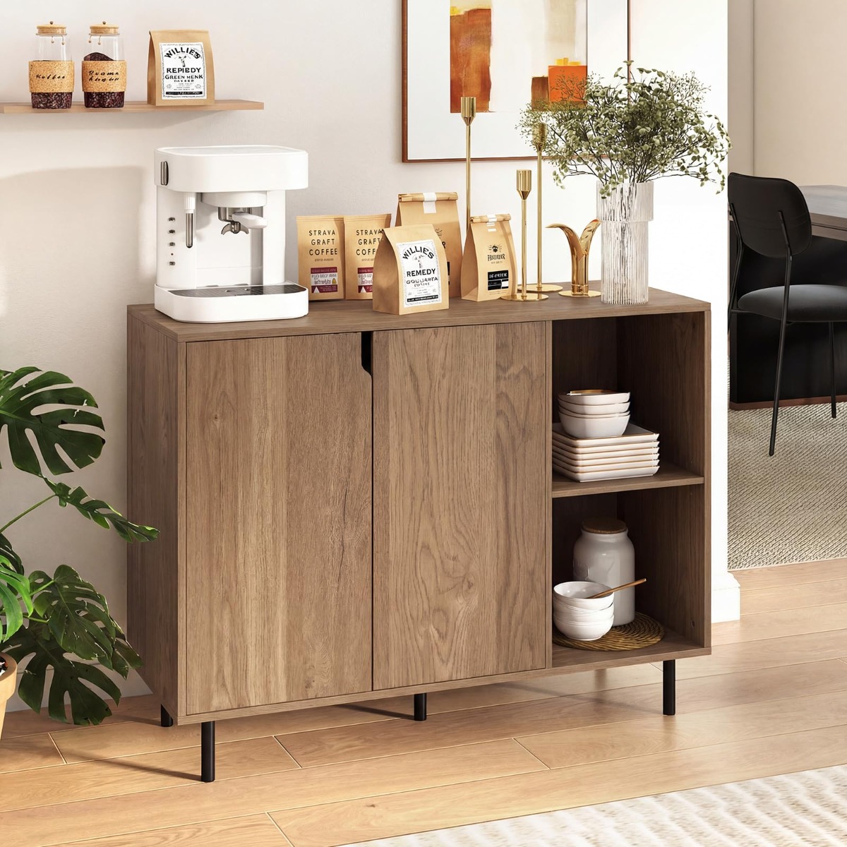 Holz Sideboard mit 4 Fächern & 2 Türen & Verstellbare Ablagen Buffetschrank Natur