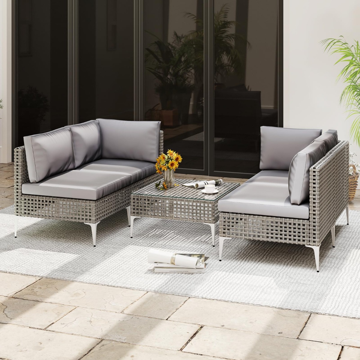 Rattan Gartenmöbel Set Balkonmöbel Set mit Sitz- & Rückenkissen Gartengarnitur