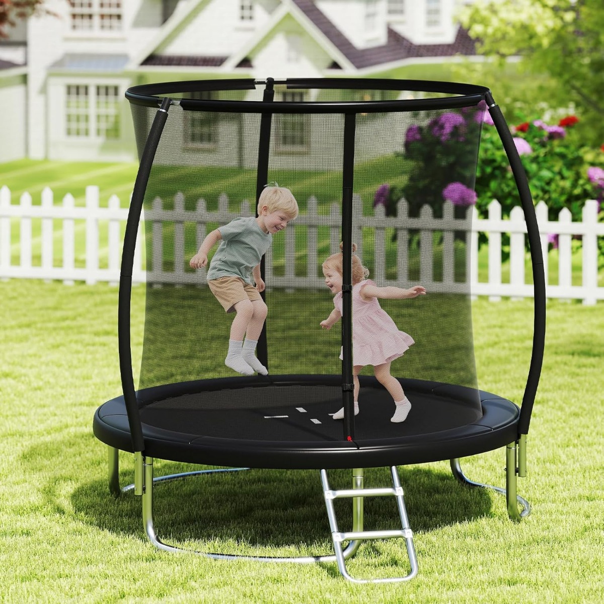 Trampolin outdoor mit Leiter Gartentrampolin rund mit Sicherheitsnetz Randabdeckung & Metallrahmen Ø244cm Schwarz