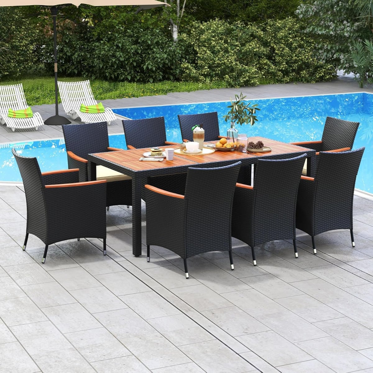 9 TLG. Rattan Gartenmöbel Set Essset für 8 Personen Gartentisch aus Akazienholz mit Schirmloch Schwarz