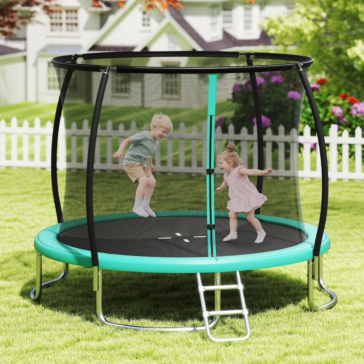 Trampolin outdoor mit Leiter Gartentrampolin rund mit Sicherheitsnetz Randabdeckung & Metallrahmen Ø305cm Grün