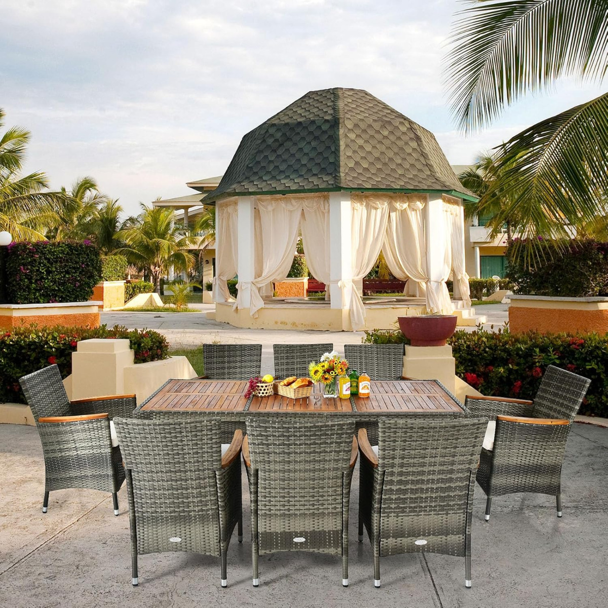 9 TLG. Rattan Gartenmöbel Set Sitzgruppe für 8 Personen Gartentisch mit Tischplatte aus Akazienholz mit Schirmloch Grau