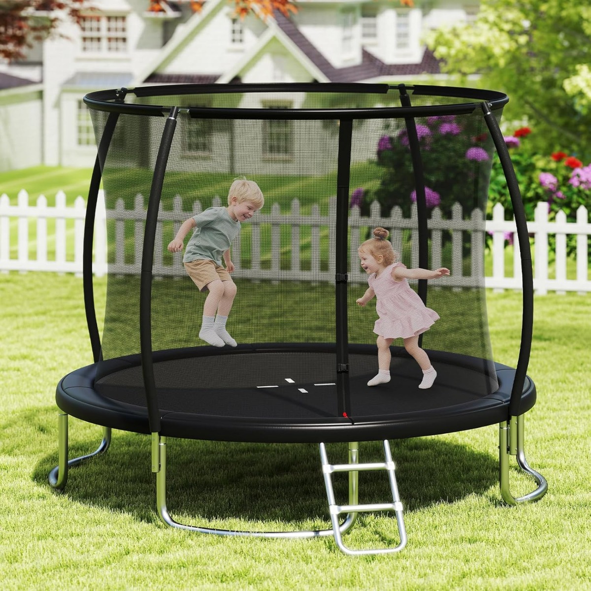 Trampolin outdoor mit Leiter Gartentrampolin rund mit Sicherheitsnetz Randabdeckung & Metallrahmen Ø305cm Schwarz