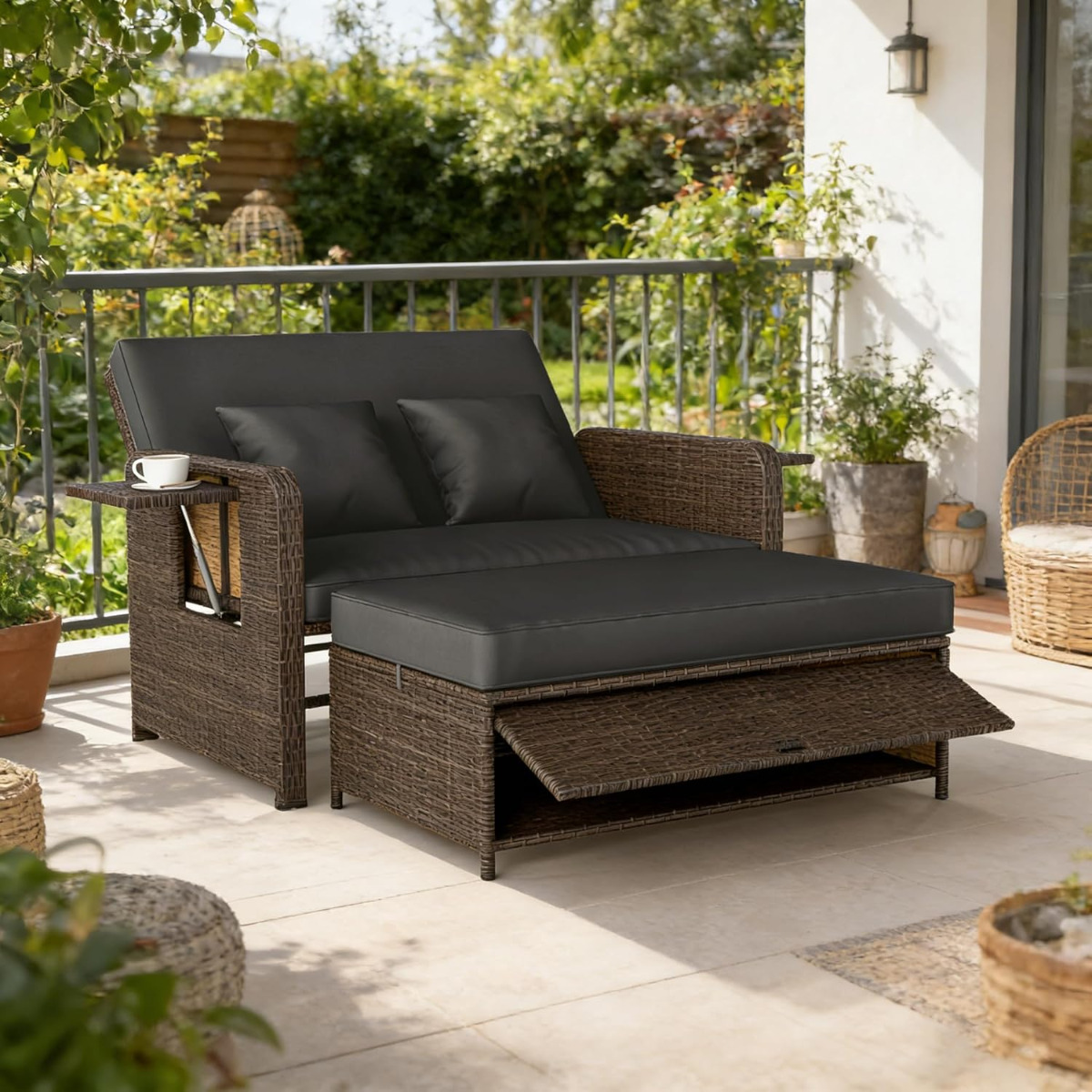 3 in 1 Lounge Möbel Rattan Gartenlounge Set mit Hocker Gartensofa mit Liegefunktion Schwarz