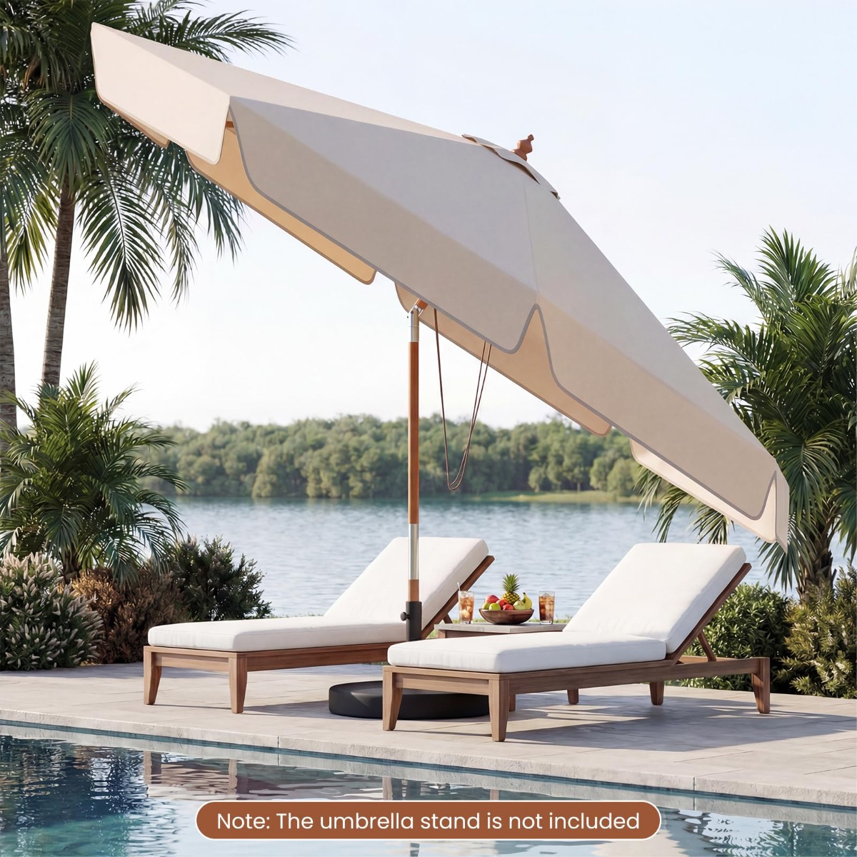 300 cm gezackter Sonnenschirm Marktschirm mit Neigemechanismus Gartenschirm mit Holzstab Beige