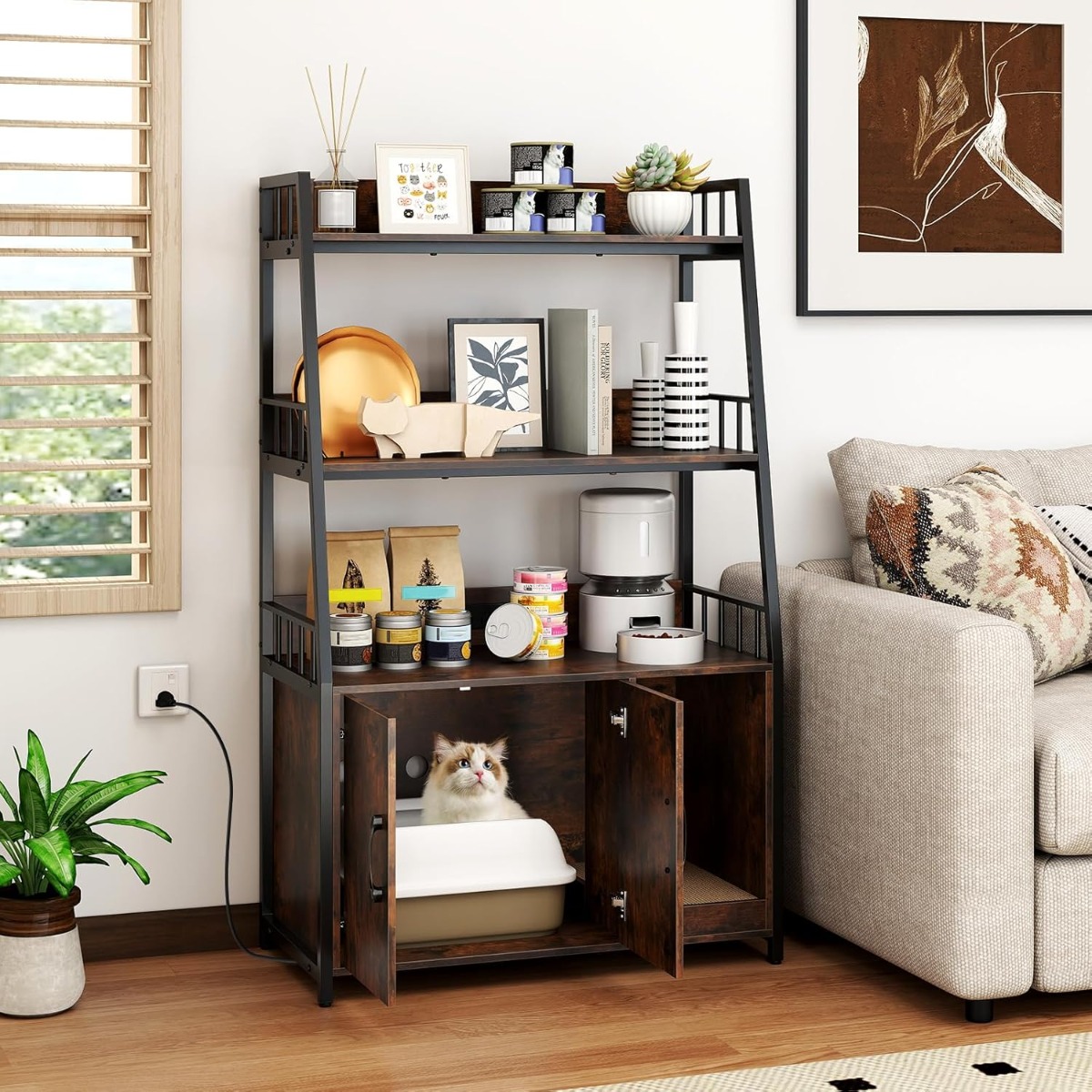 Katzenschrank mit Bücherregal Ladestation 3 Ebenen Kratzmatte & Eingang 80 x 40 x 132cm Braun