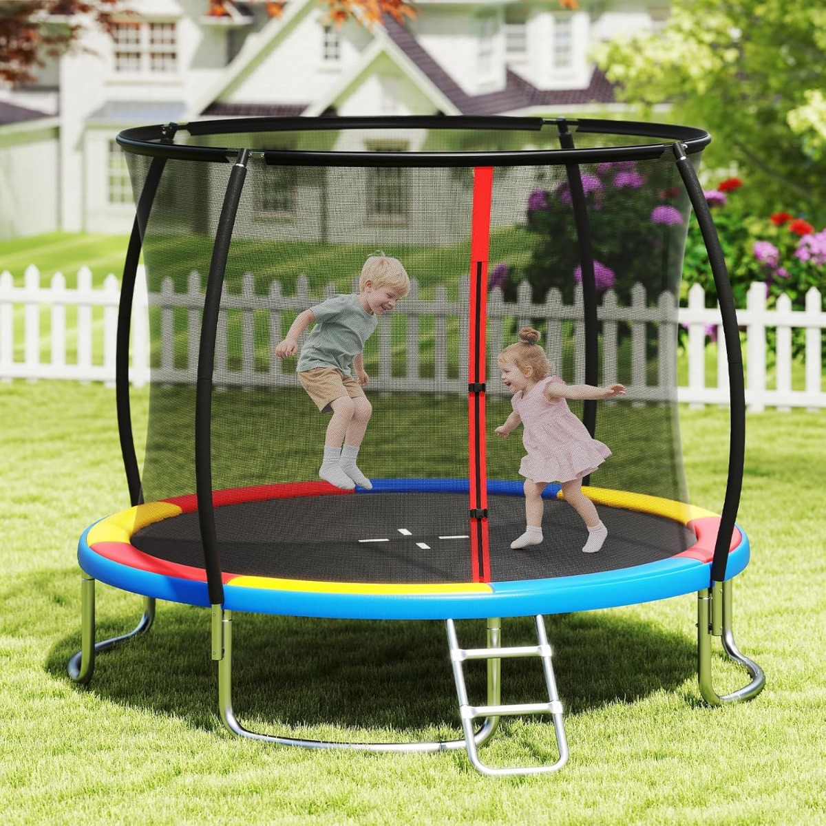 Trampolin outdoor mit Leiter Gartentrampolin rund mit Sicherheitsnetz Randabdeckung & Metallrahmen Ø305cm Bunt