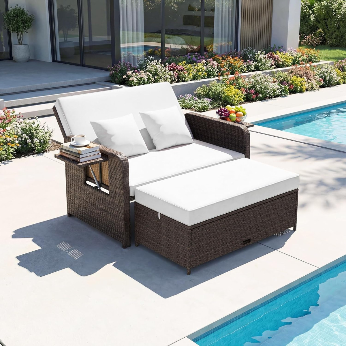 3 in 1 Lounge Möbel Rattan Gartenlounge Set mit Hocker Gartensofa mit Liegefunktion Weiß