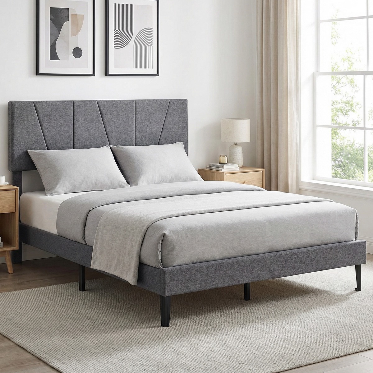 140 x 200 cm Doppelbettgestell mit Höhenverstellbarem Geometrischem Kopfteil Bettrahmen Dunkelgrau