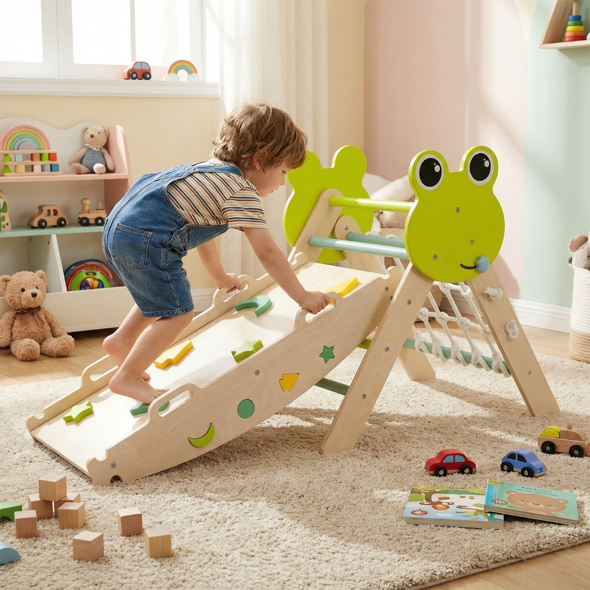 3er Set Klettergerüst Klappabres Kletterdreieck mit Kletterbogen & Rutsche Frosch Sprossendreieck