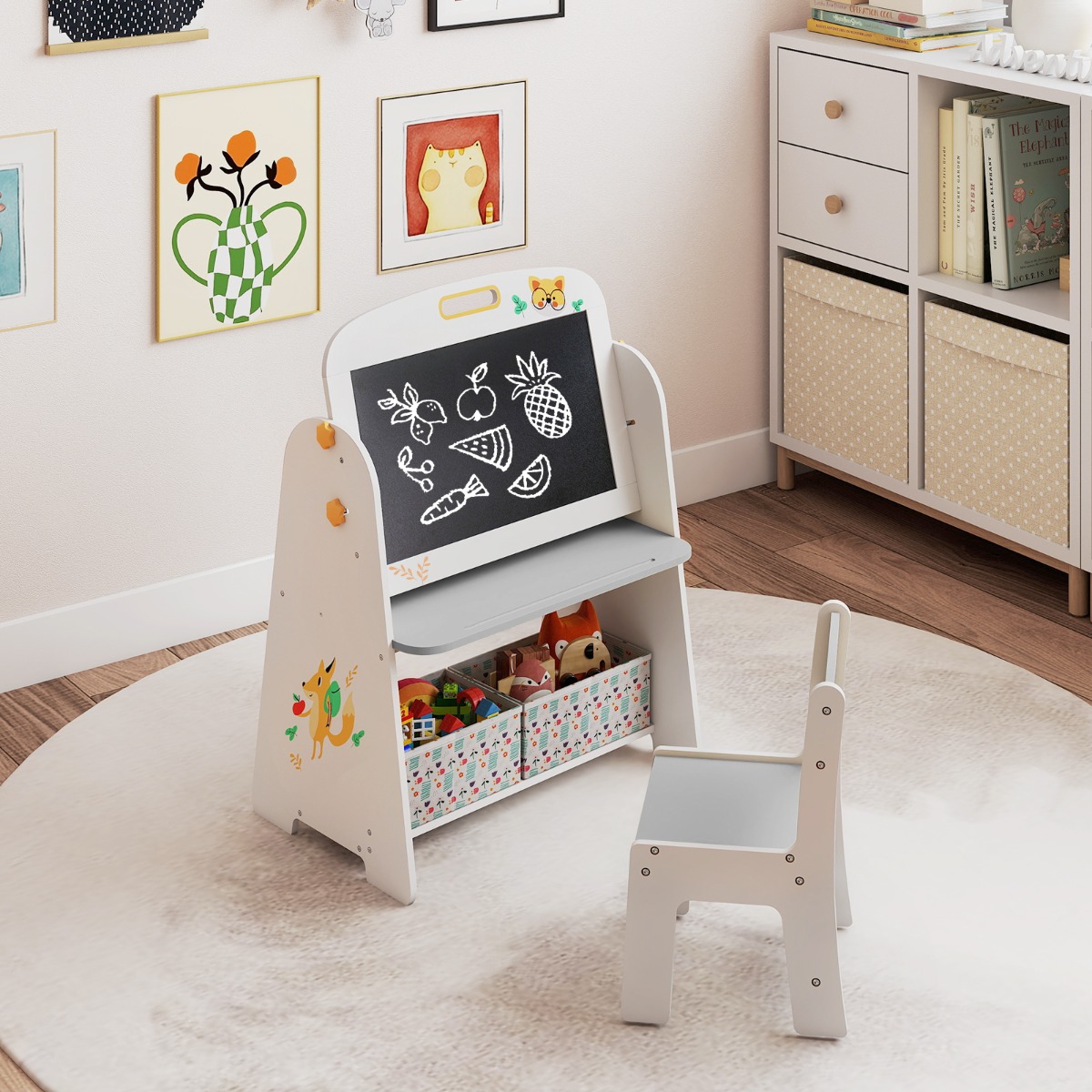 Kinder Staffelei mit Stuhl Kindertafel mit Bücherregal & Magnetischer Kreidetafel & Weißtafel Grau