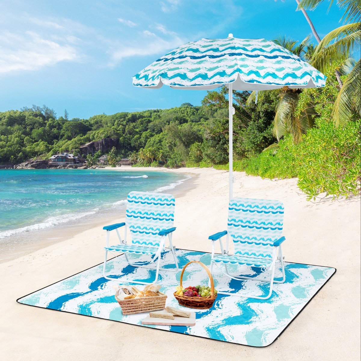 2er Set Strandstühle mit Schirm & Stranddecke Sonnenschirm mit Tragetasche 2 Klappstühle Blau