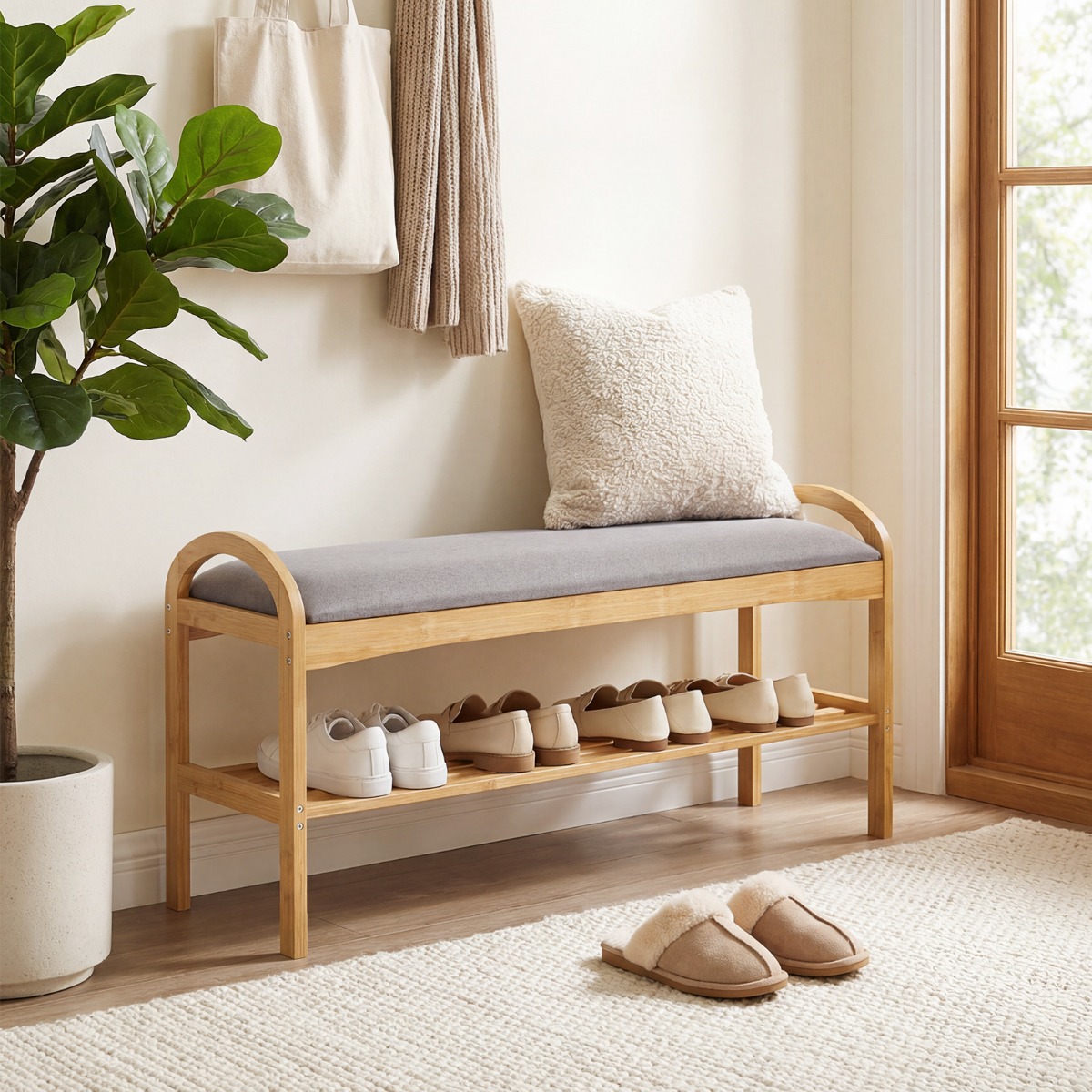 Schuhbank mit Sitzfläche Sitzbank mit 2 Ebenen Gepolstertem Kissen & Bambusrahmen Schuhschrank