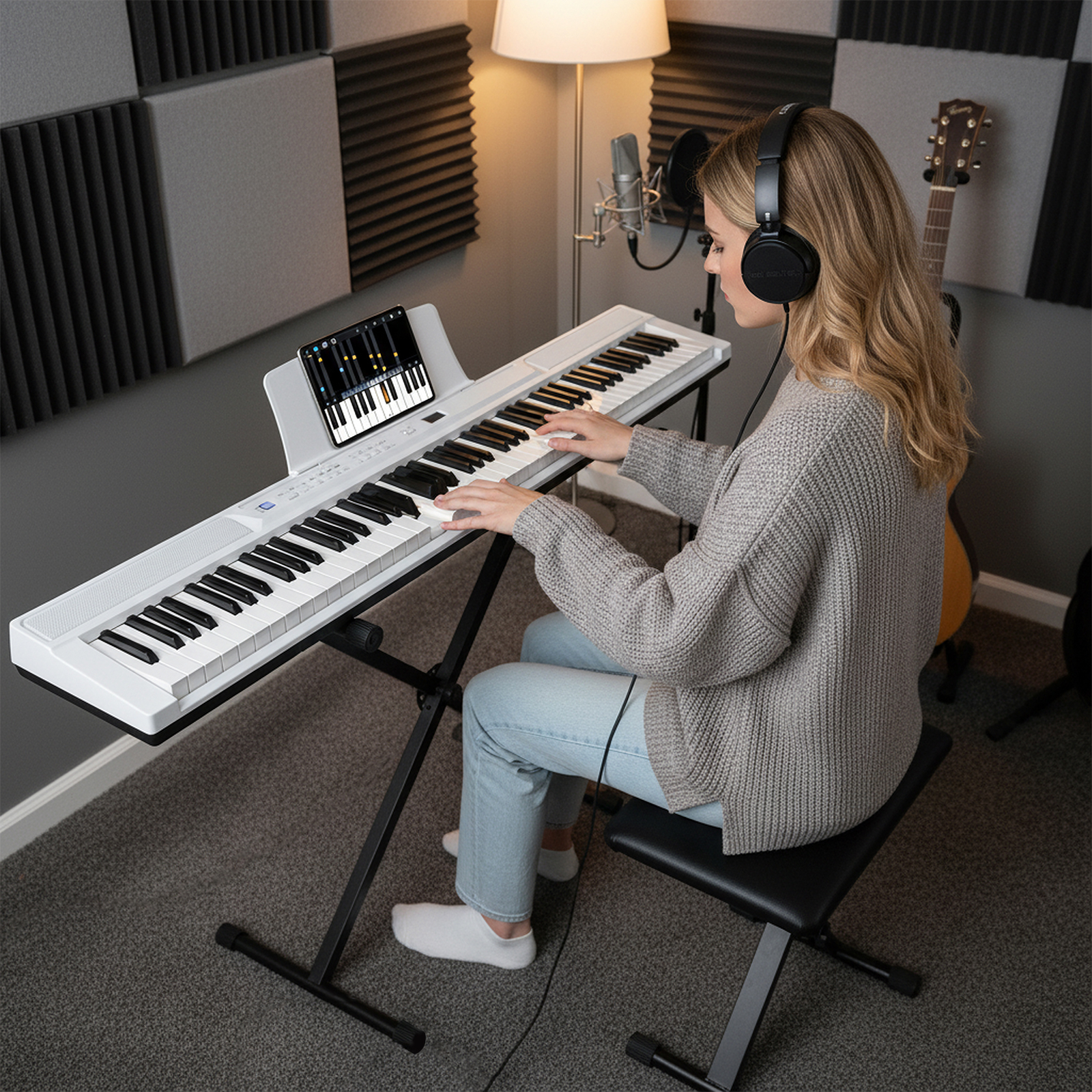 88 Tasten E-Piano mit Verstellbarem Ständer & Hocker & Sustain-Pedal Keyboard Weiß