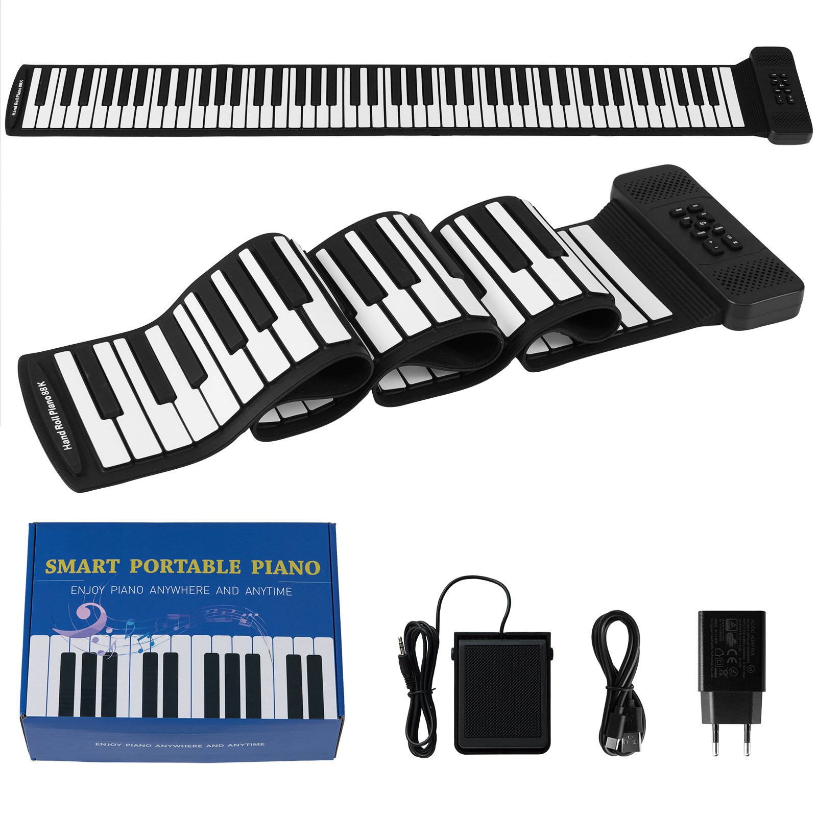 88 Tasten Roll-Up Klavier faltbares Klavierkeyboard mit 128 Rhythmen 128 Tönen & 14 Demos Schwarz + Weiß
