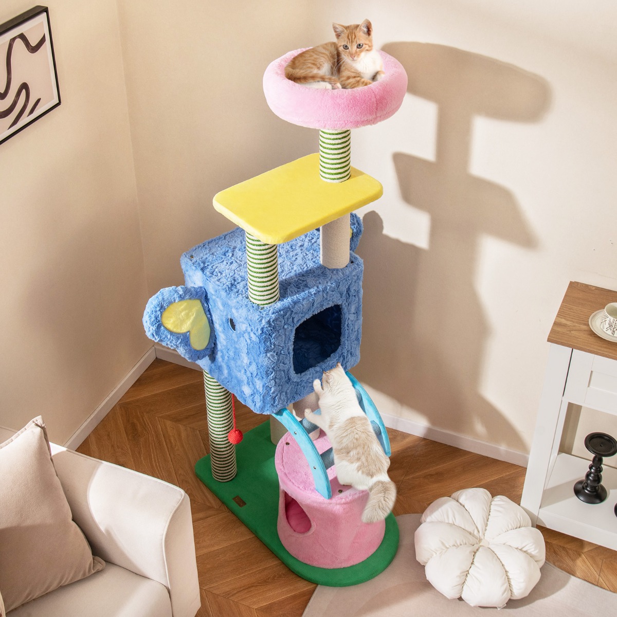 Elefanten-Kratzbaum mit 2 Höhlen & Gepolsterter Liege & Kratzpfosten & Leiter Mehrstufiger Katzenturm