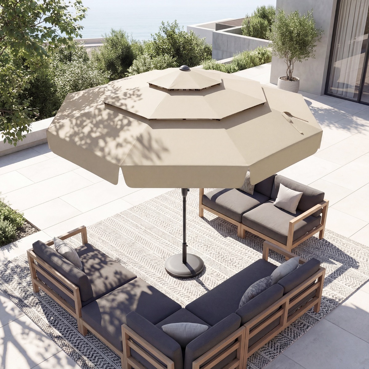 300 cm Sonnenschirm neigbarer Outdoor Marktschirm mit 3-stufigem belüftetem Dach Beige