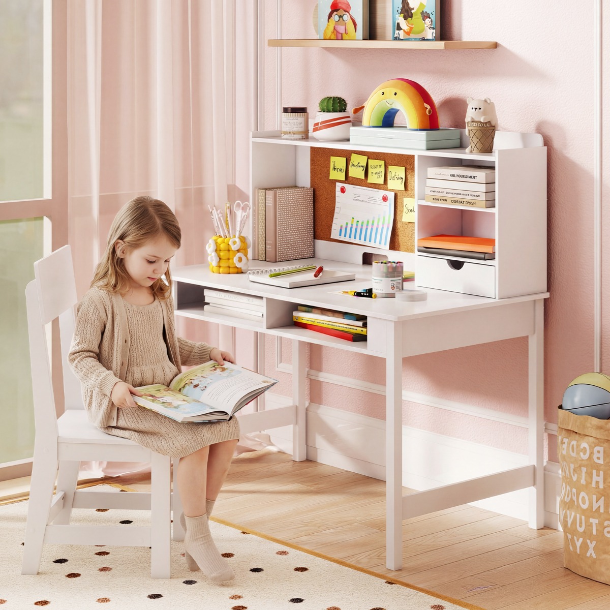 Kinderschreibtisch mit Stuhl Holz-Schülerschreibtisch mit Kork-Pinnwand Schublade Weiß