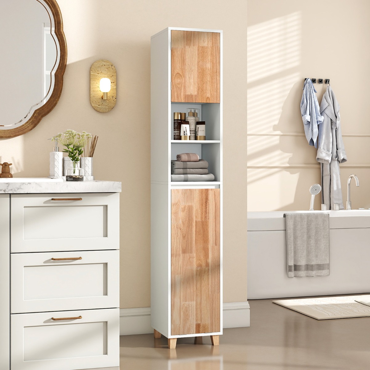 Badezimmerschrank mit Wäschekorb & 2 Offenem Fächern Holz Bad Hochschrank