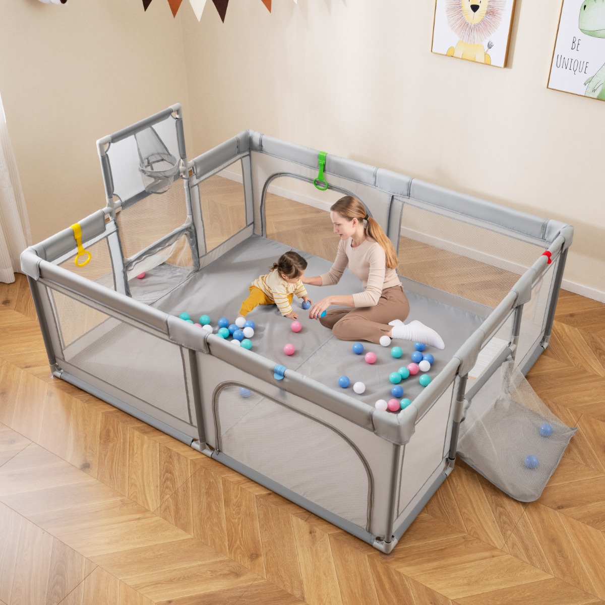 188 x 157 cm Baby Laufstall mit Basketballkorb Fußballtor faltbarem Kleinkind-Laufgitter mit Reißverschlusstür Hellgrau