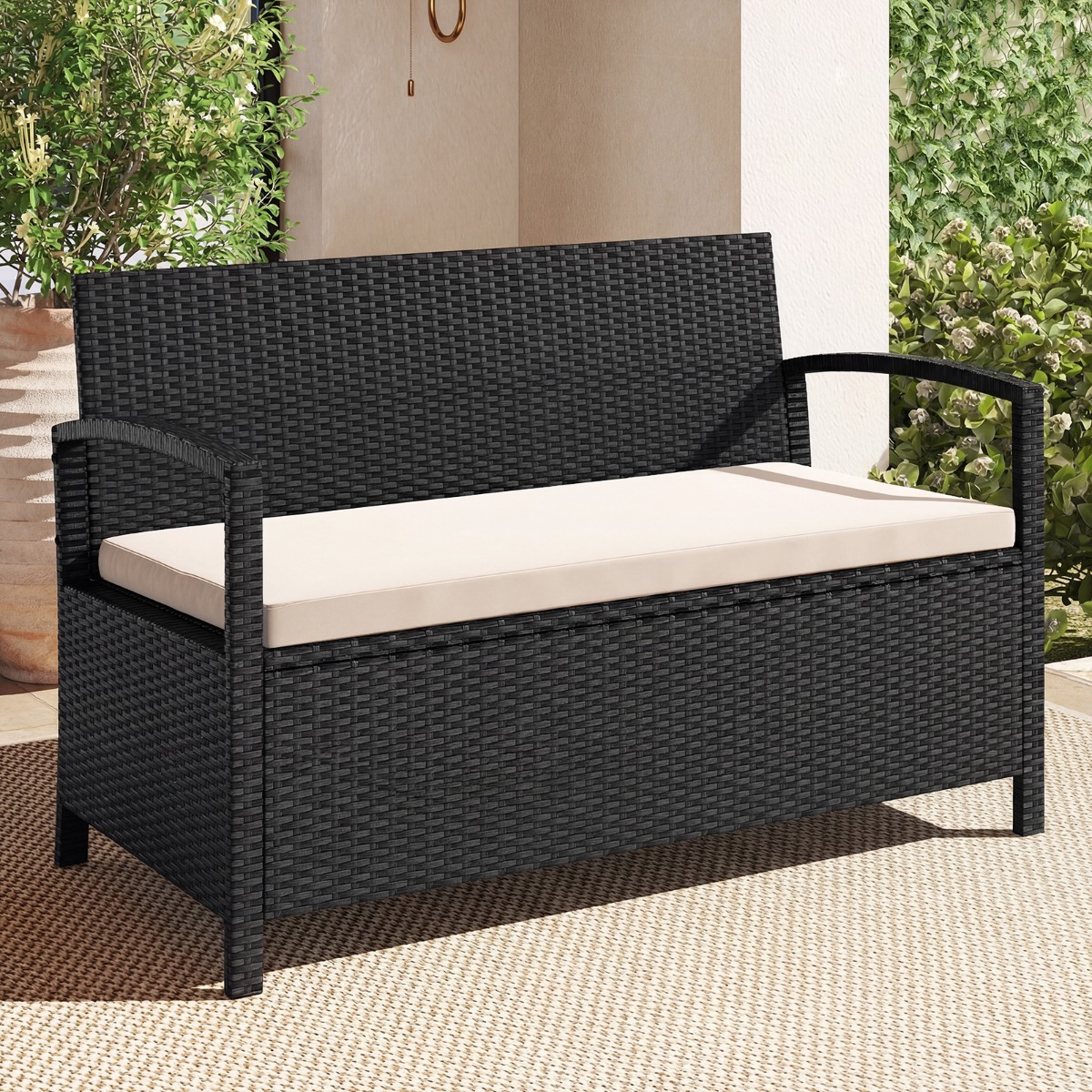 Polyrattan Gartenbank mit Stauraum & Kissen Wetterfeste Truhenbank mit Integrierter Kissenbox Beige