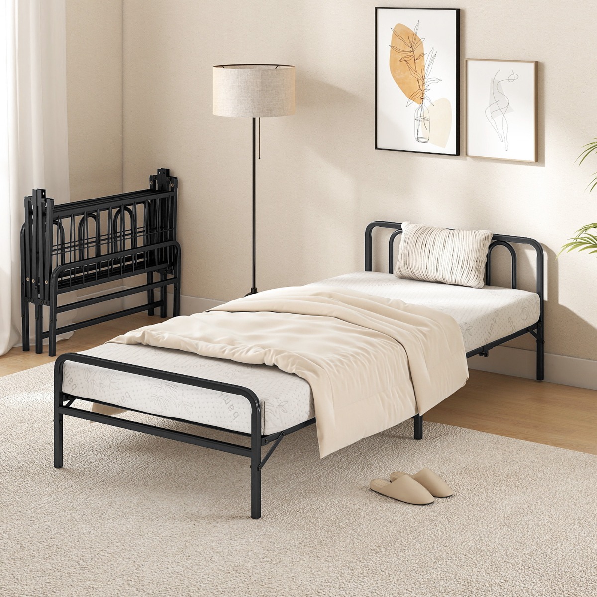 Klappbares Bettgestell mit Matratze Tragbares Klappbett mit Kopf- & Fußteil Plattformbett Schwarz 200 x 90 cm