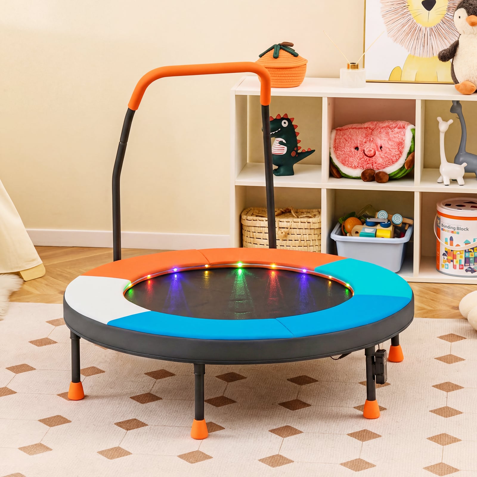 Ø90 cm Kindertrampolin mit LED Beleuchtung & Griff & Tragetasche Mini Trampolin Hellblau